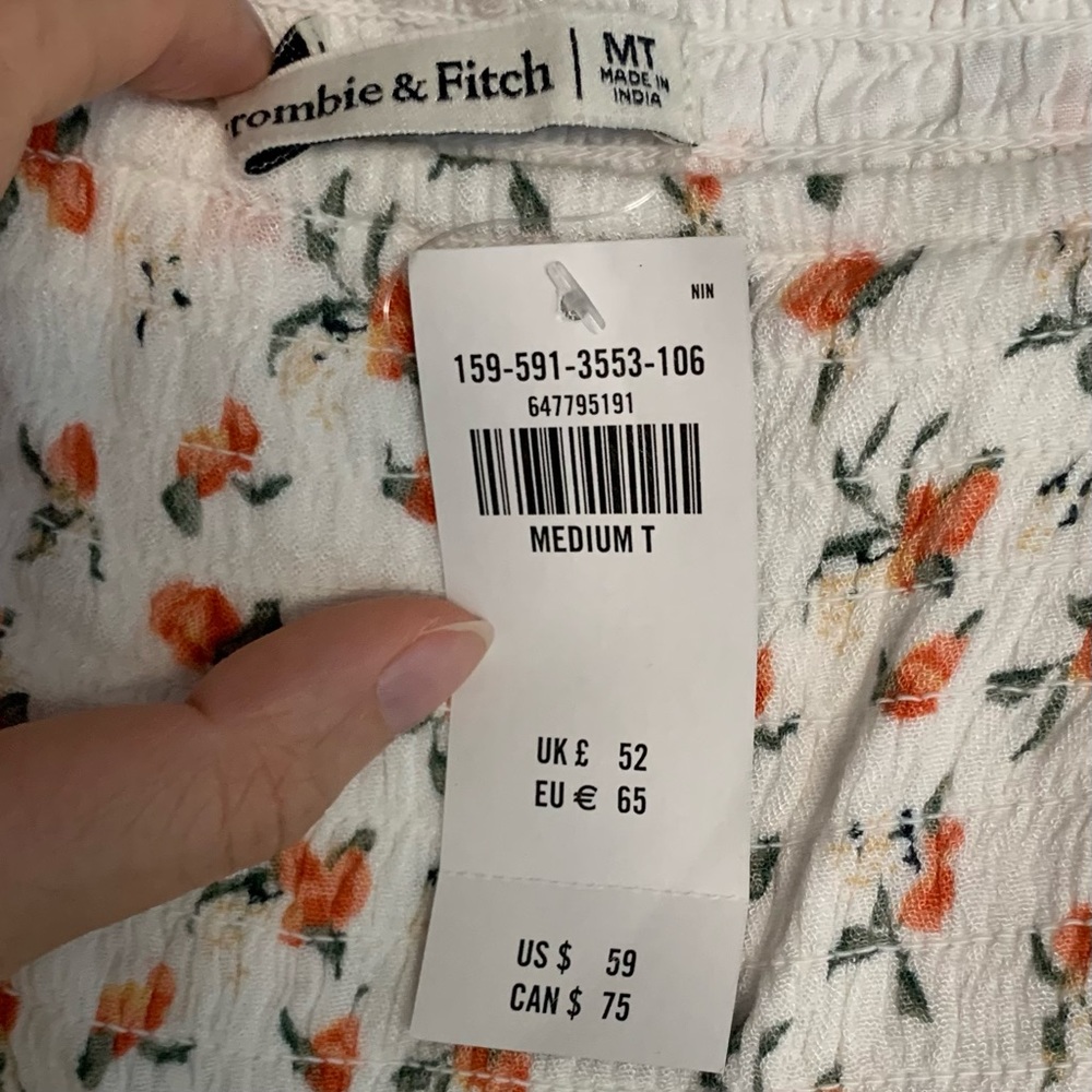 *SOLD* NWT Abercrombie & Fitch Smocked Squareneck Mini Dress, White Peach, MTall - Picture 6 of 15